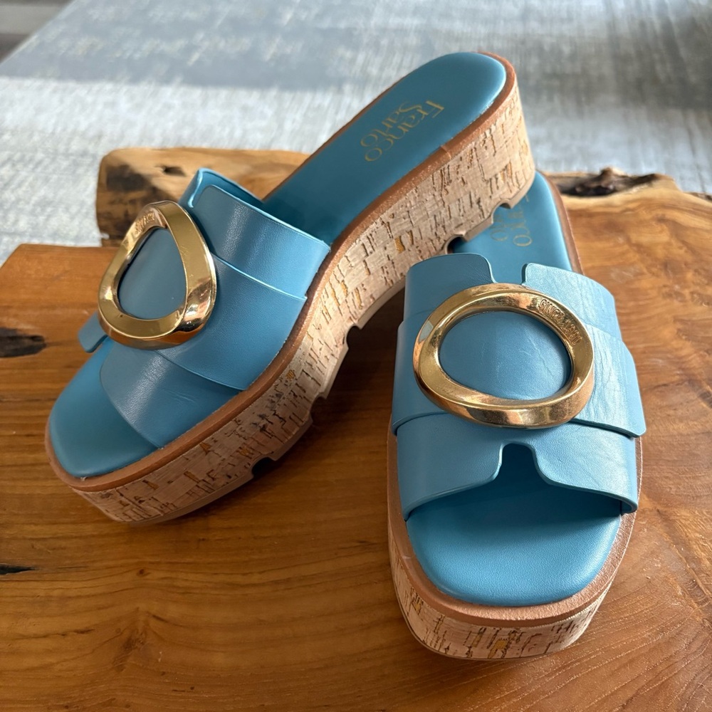 Franco Sarto Blue Platform Sandals with Gold Buckle
